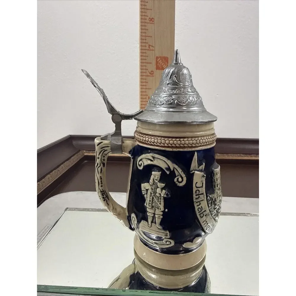 Vintage Original King German Beer Stein Cobalt Blue Castle Relief Pewter Lid KWG